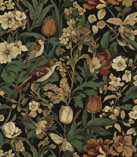 Retro Floral and Bird Contact Paper Vintage Peel and Stick Wallpaper (17.3" x 197" / Dark)