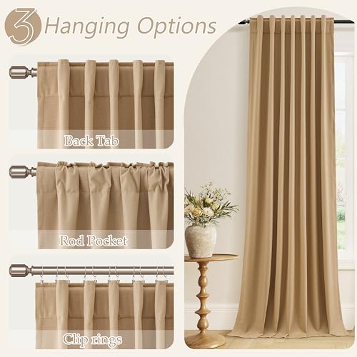 Camel Brown 100% Blackout Linen Curtains 102 Inch Length 2 Panels Set for Living Room Back Tab Thermal Insulated Black Out Drapes Room Darkening Farmhouse Style for Bedroom Window Curtains (Camel Brown / 52"W x 102"L (Pack of 2))