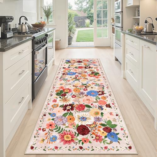 Washable Runner Rug 2x6 Beige Floral (Blush Beige / 2' x 6' (Rectangular))
