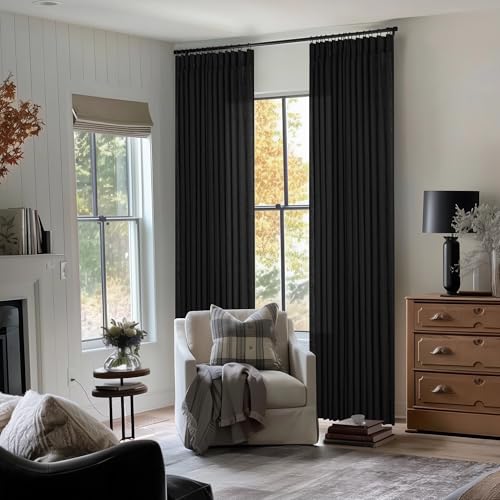 Black Pinch Pleated Linen Semi Sheer 102 Inch Curtains 2 Panels (Black / 40"W x 102"L (Pack of 2))