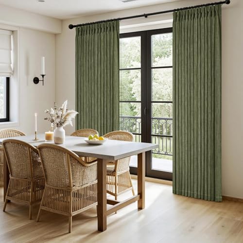 Olive Green Pinch Pleated Linen Curtains 96 Inches Long 2 Panels (Olive Green / 40"W x 96"L (Pack of 2))