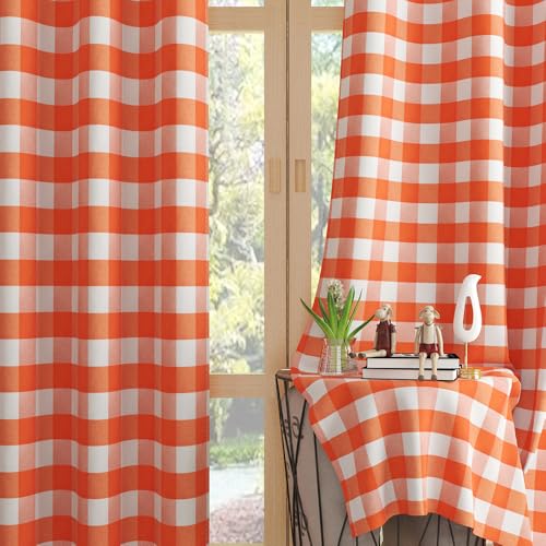 Buffalo Check Window Curtains Orange White 48 inches Long Living Room Cotton Curtain Panels Bedroom Drapes Plaid Gingham Farmhouse Rustic Decor Curtains Rod Pocket Kitchen Basement 2 Panels 52"x48" (52"W x 48"L (Pack of 2) / Orange+white)