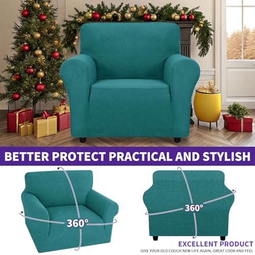 Super Stretch Chair Slipcover Universal Sofa Chair Covers for Living Room Dogs Pet Furniture Protector Spandex Armchair Slipcovers with Anti Slip Foam Sticks (Peacock Teal / Small (30"-47"))