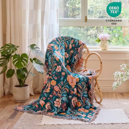 Boho Throw Blanket 50"x60" Cotton Birds Floral Blanket for Couch (Flowers Birds / 50"x60")