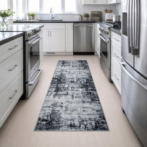 2.6x8 Washable Runner Rug：Modern Abstract Soft Carpet Dark Black (Dark Black / 2'6" x 8' (Rectangular))