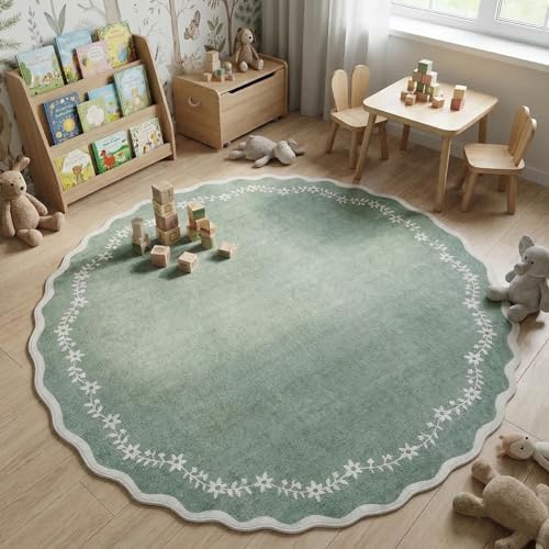 Round Rugs 4ft Scalloped Washable Small Circle Rug for Kids Room (Sage Green / 4' (Round))