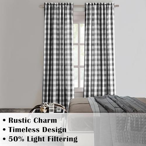Black White Buffalo Plaid Checkered Curtain Panels 63 Inch Length (Black/White / 40"W x 63"L (Pack of 2))