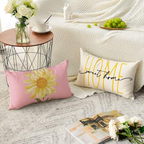 Home Sweet Home Spring Summer Flowers Pink Throw Pillow Covers (Pink&white / 20" x 12" (Pack of 4))