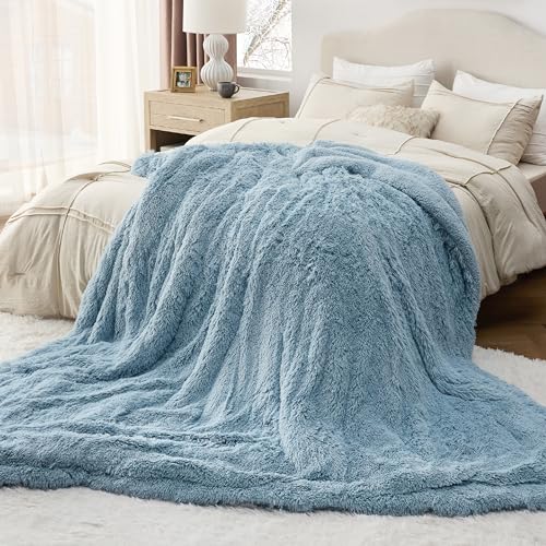 Faux Fur Fluffy Sherpa Fleece King Bed Blanket Blue 108"x90" (13- Blue / King (108" X 90"))