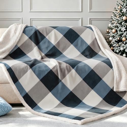 Sherpa Fleece Throw Blanket 60" x 80" Reversible Plush Fluffy Large Big Blanket Lattice Flannel Blankets for Sofa Couch Bed (Grey-blue / 60"*80")