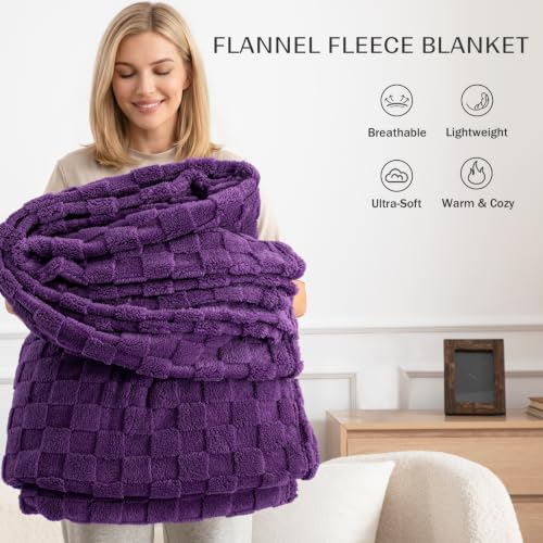 3D Checkered Fleece Throw Blanket for Couch (Purple / Throw (50"x60"))