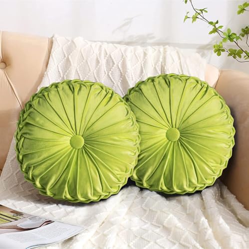 Set of 2 Apple Green Velvet Decorative Round Pleated Throw Pillows (Apple Green)