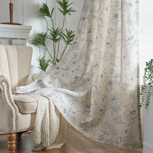 Floral Linen Curtains for Living Room 63 Inch Length Blue Flower Curtain Rod Pocket Back Tab Farmhouse Curtains with Printed Floral Bedroom Window Curtain Set (Penny Blue on Ecru / 50"W x 63"L (Pack of 2))