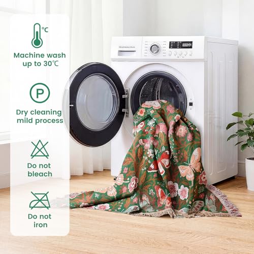 Boho Throw Blanket 50"x60" Fall Cotton Butterfly Floral Blanket (Green Butterfly / 50"x60")
