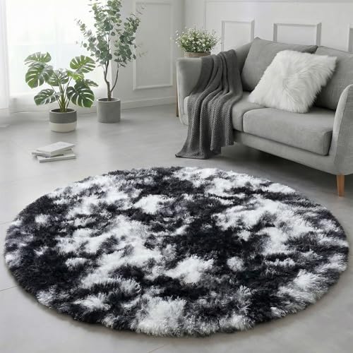 Black White Grey Round Circle Area Rug 4Ft for Bedroom Living Room (Black White Grey / 4' (Round))