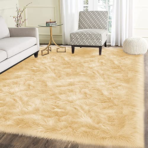 Yellow Area Rug for Living Room 6x9 Faux Fur Fluffy Rug Washable Sheepskin Rugs for Bedroom Boho Furry Rugs (6' x 9' (Rectangular) / Light Yellow)
