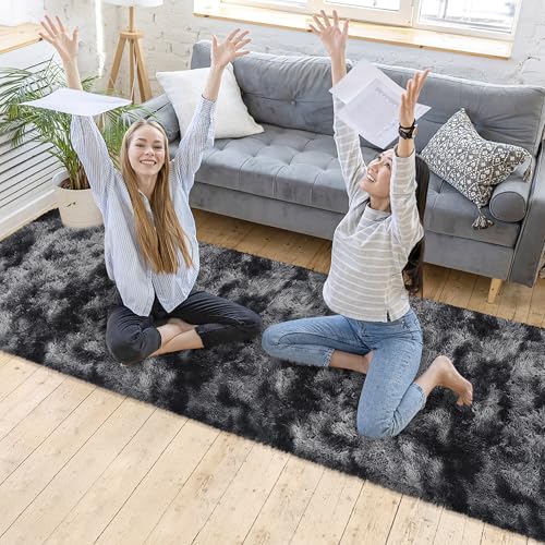 Tie Dyed Runner Rug for Bedroom Black Grey 2x10ft Fluffy Area Rug Bedside Runner Rug for Kids Room Boys Teens Nursery Baby Living Room Dorm Home Decor Carpets (Tie-dyed Black Grey / 2' x 10' (Runner))