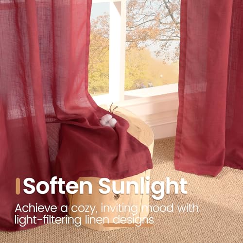 Long Linen Semi Sheer Curtains 102 Inch Length for Living Room (Burgundy / 52"W x 102"L (Pack of 2))