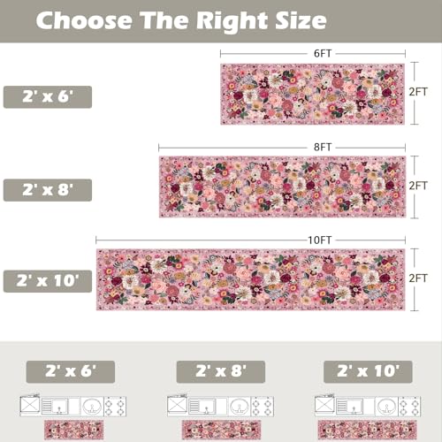 Pink Floral Hallway Runner Rug 2x6 for Bedroom Kitchen (Pink / 2' x 6' (Rectangular))