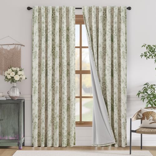 Floral Linen Blackout Curtains for Bedroom 90 Inches Long (Green / 50"W x 90"L (Pack of 2))