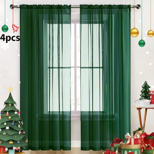 Foliage Green Sheer Curtains 4 Panels Rod Pocket Semi (Foliage Green / 52"W x 108"L (Pack of 4))