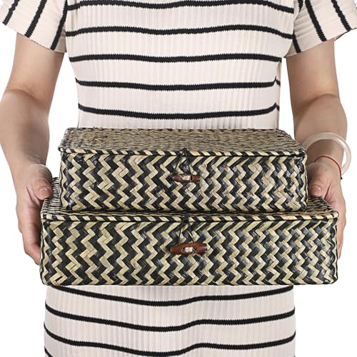 2Pcs Flat Wicker Woven Basket with Lid Natural Seagrass Storage Box (Small+Large / Black)