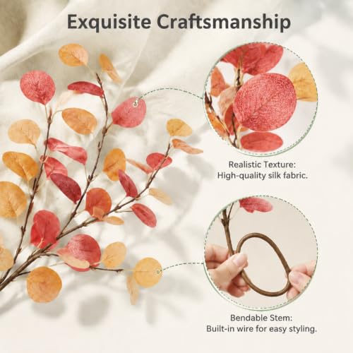 6pcs Eucalyptus Stems Fake Orange Red Autumn Leaves Artificial Silk Flowers Fall Decor Bouquet Faux Branches Centerpiece Flores Plants for Home Party Decor Wedding Decoration (6pcs-orange)