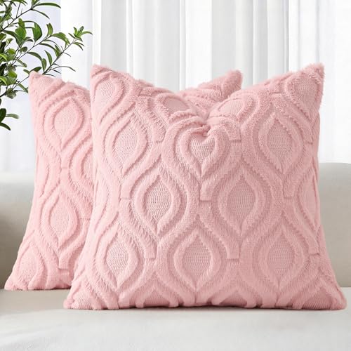 Faux Fur Plush Soft Pink Throw Pillow Covers 16x16 Set of 2 (16" x 16" (Pack of 2) / Pink)