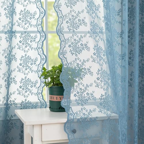 Vintage Lace Curtains 54 Inch Length for Bathroom (Stone Blue / 52"W x 54"L (Pack of 2))