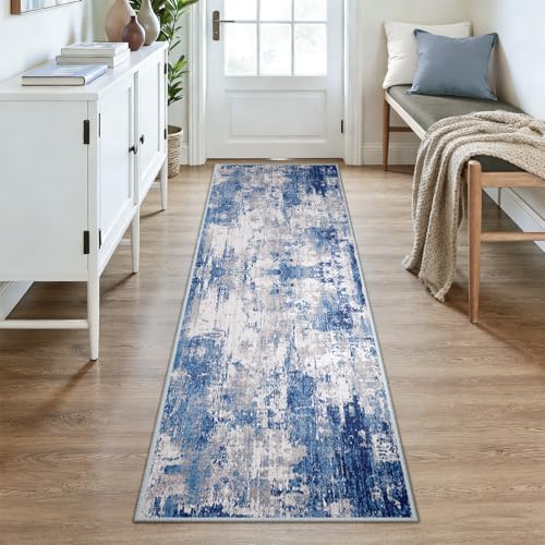 Washable Runner 2'6"x8' Abstract Area Rug for Hallway Blue Gray (Blue/Gray / 2'6" x 8' (Runner))