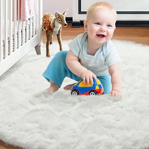 Cream White Fluffy Round Rug Circle Area Rugs 4ft for Kids Teen Bedroom (Cream White / 4' (Round))