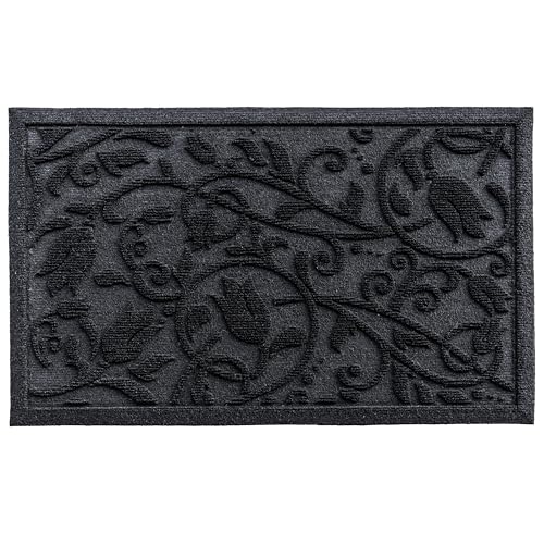 Boho Black Floral Leaves Outdoor Indoor Entrance Doormats (Tulip-black / 1'11" x 2'11" (Rectangular))