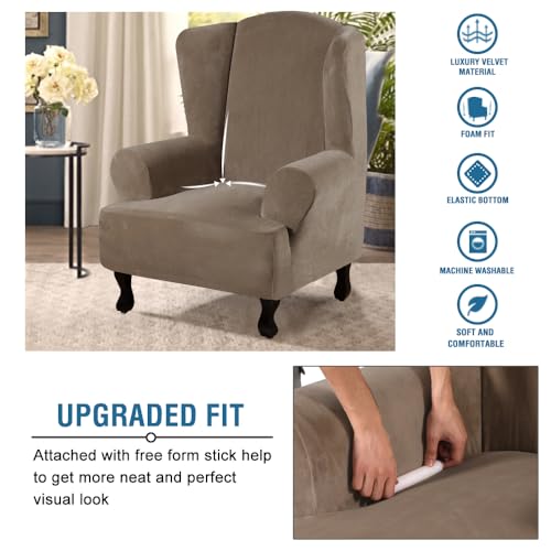 Wingback Chair Covers Velvet Plush Wing Chair Slipcover 1 Piece High Stretch Wing Back Chair Slipcovers Sofa Cover Furniture Cover with Elastic Bottom (Mocha / Wing Chair)