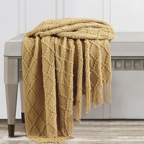 Mustard Throw Blanket 50 x70 Inch Jacquard Throw Knitted Blanket (Jacquard-mustard / 50"x70")