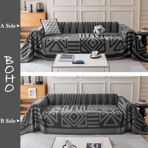 Boho Geometric Couch Covers for Sofa Pet Friendly Dark Grey and Black Sofa Covers Washable Chenille Couch Blanket Cover for 2 Cushion Couches Pet Protector Furniture Cover Soft (71" x 102" / T: Dark Grey)