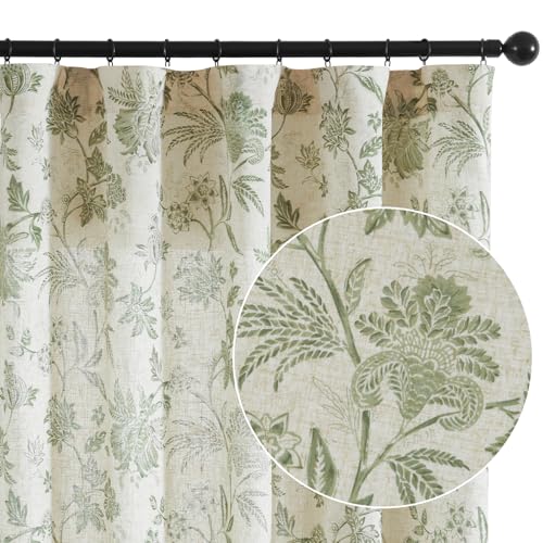 Green Floral Linen Curtains 84 Inch Vintage Back Tab 2 Panels (*Jacobean Sage Green on Beige / 50"W x 84"L (Pack of 2))