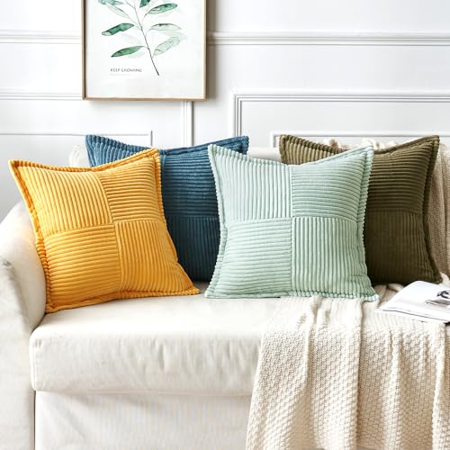 Golden Yellow Corduroy Pillow Covers 18x18 Inch with Splicing Set of 2 Soft Boho Striped Pillow Covers Broadside Decorative Textured Summer Pillowcases for Couch Cushion Bed Livingroom (Golden Yellow / 18" x 18" (Pack of 2))