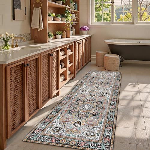 Washable Area Rug 2'6'' x 8' Vintage Traditional Persian Mat (Slate and Multicolor / 2'6" x 8' (Rectangular))