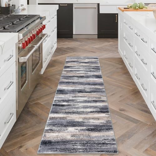 Abstract Washable 2x6 Runner Rug Non Slip Runners for Hallway (Grey Navy Blue Black Cream Tan / 2' x 6' (Runner))