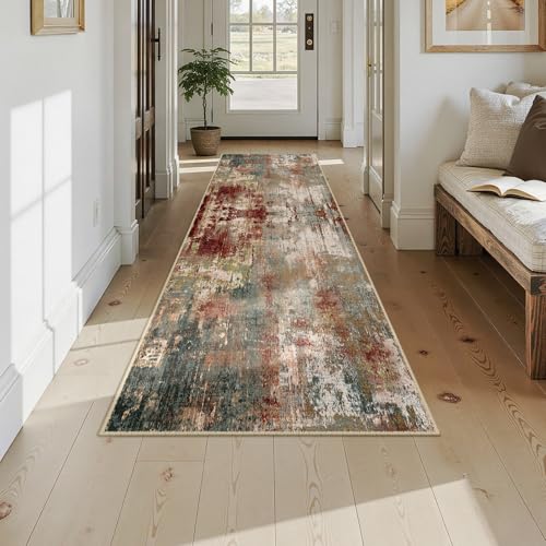 Washable Runner 2'6"x10' Abstract Area Rug for Hallway Rustic Brown (Rust Red/Green/Blue/Multi / 2'6" x 10' (Runner))