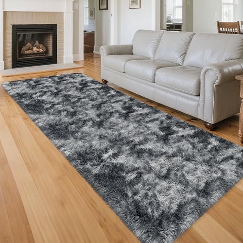 Tie Dyed Dark Grey 3x10 Machine Washable Runner Rugs for Hallway Soft Fluffy Shaggy Bedside Rugs for Bedroom Living Room Indoor Floor Carpet for Kids Girls and Boys Nursery Rooms Home Decor Aesthetic (Tie-dyed Dark Grey / 3' x 10' (Runner))