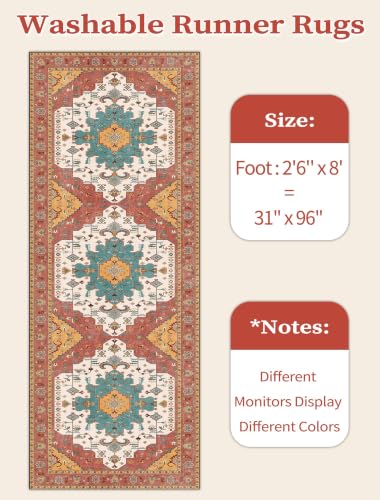 2'6"x8' Washable Non Slip Boho Runner Rug for Hallway (Vintage Orange / 2'6" x 8' (Runner))