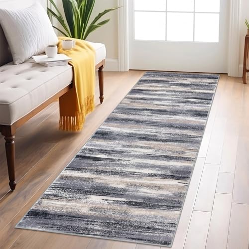 Abstract Washable 2x6 Runner Rug Non Slip Runners for Hallway (Grey Navy Blue Black Cream Tan / 2' x 6' (Runner))