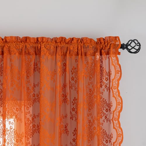 Vintage Lace Curtains 63 Inch Length Burnt Orange Sheer Curtains for Living Room Bedroom 2 Panels Rod Pocket Farmhouse Terracotta Drapes for Kitchen Nursery Halloween Fall Decor 52x63 Inch (Burnt Orange / 52"W x 63"L (Pack of 2))