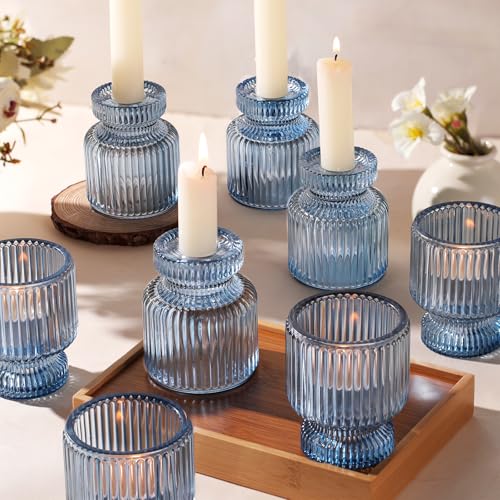 12 Pcs Glass Candlestick Holders (Blue / 12Pcs)