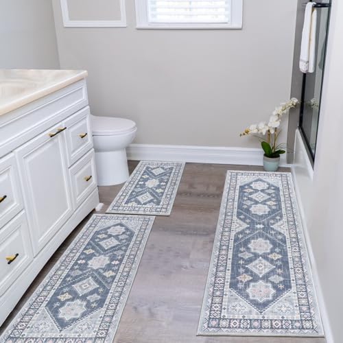 HEBE Boho Kitchen Rugs Set of 3 (Ash Blue / 20"x32"+20"x48"+20"x59")