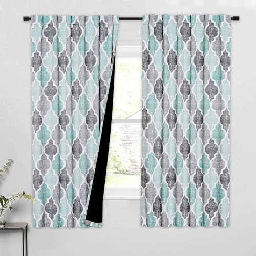 Moroccan 100% Blackout Curtains Bedroom Aqua Grey 50x63 2 Panels (Rod Pocket | Aqua and Grey / 50"W x 63"L (Pack of 2))