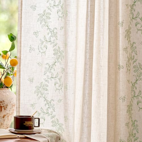 Floral Linen Curtains 84 Inch Farmhouse Back Tab 2 Panels (Vine | Sage / 50"W x 84"L (Pack of 2))