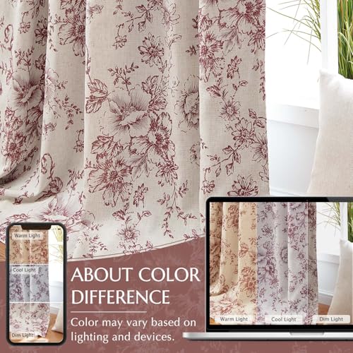 Floral Linen Blackout Curtains for Bedroom 63 Inches Long (Red / 50"W x 63"L (Pack of 2))