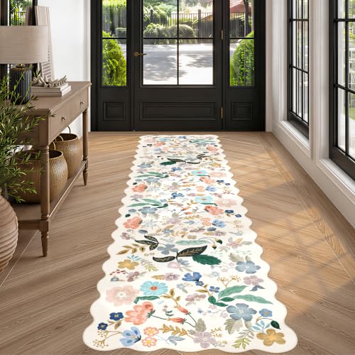 HY HAOYUNLAI Washable 2'6x10 Hallway Runner Rug Low Pile Scalloped Carpet (2'6" x 10' (Rectangular) / Cream/Floral)